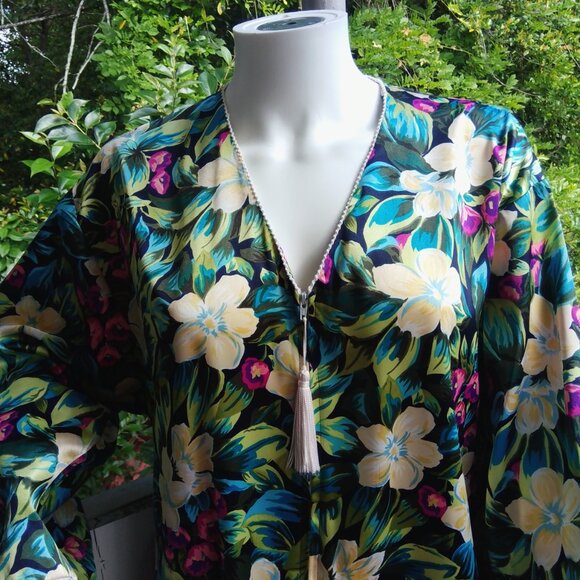 Vintage 90s Christian Dior Floral Tropical Cottagecore Satin Maxi Kaftan Dress - Picture 4 of 8